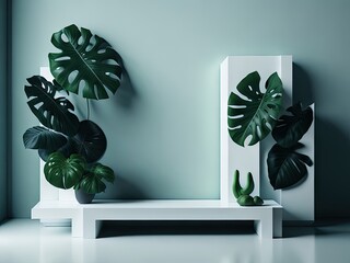 Minimal modern white stone counter table tree palm leaves. ai generative