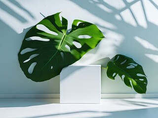 Minimal modern white stone counter table tree palm leaves. ai generative