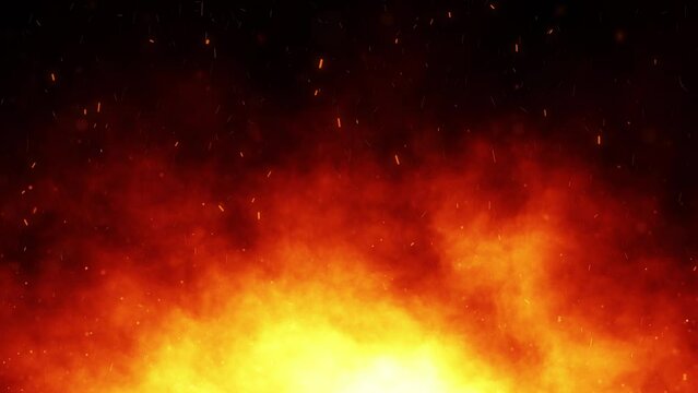 Realistic fire smoke and sparks effects on black background, loop animation.