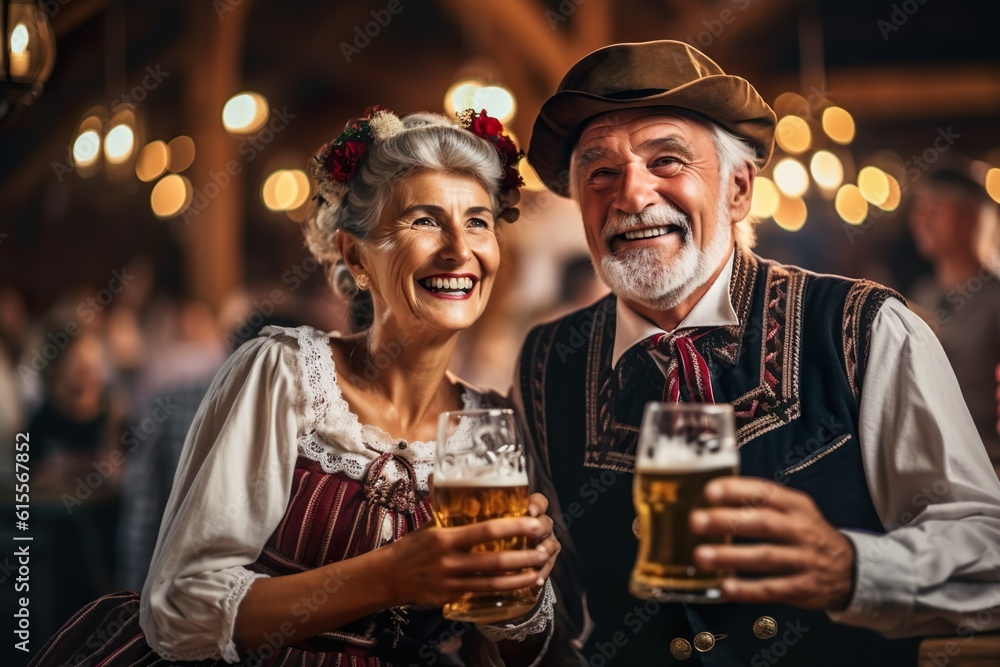 Wall mural Stunning Senior Oktoberfest Couple: Enjoying the Festival and a Beer in Traditional Dirndl Attire, Generative AI