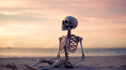 3d rendering of a human skeleton meditating on the beach in the morning. Generative AI.