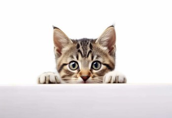 Adorable American Wirehair Kitten Peeking Out from Behind White Table with Copy Space, Isolated on White Background. Generative AI.