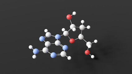 cordycepin molecule, molecular structure, derivative nucleoside adenosine, ball and stick 3d model, structural chemical formula with colored atoms