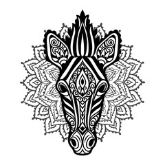Zebra mandala. Vector illustration. Adult coloring page. Animal in Zen boho style. Sacred, Peaceful. Tattoo print ornaments. Black and white
