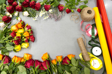 Floristry. Layout of cut flowers. Tools and accessories for making a bouquet.
