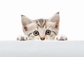 Adorable Cymric Kitten Peeking Out from Behind White Table with Copy Space, Isolated on White Background. Generative AI.
