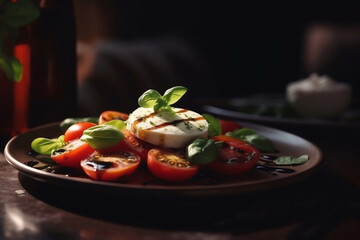 Caprese salad with juicy tomatoes and olive oil on a plate on a table in a restaurant. Generative AI