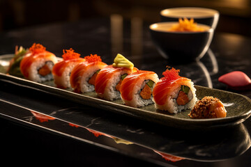 Beautiful Sushi Platter Flat Lay on Black Marble/Stone Background with Fresh Fish, Rice, and Seaweed - Studio Lighting Effect - Asian Cuisine Food Photography - Generative AI