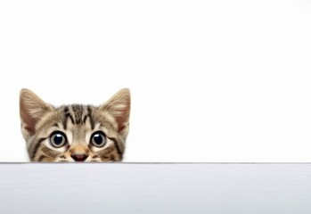 Adorable Javanese Kitten Peeking Out from Behind White Table with Copy Space, Isolated on White Background. Generative AI.