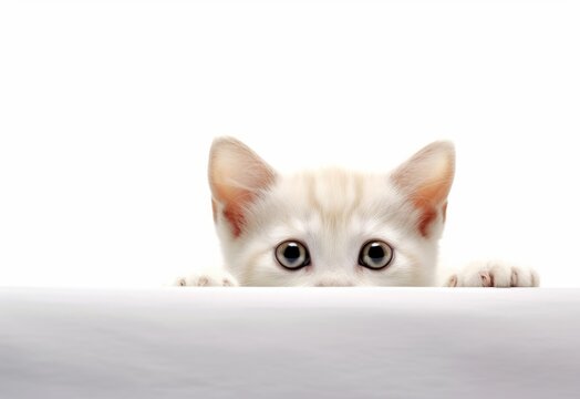 Adorable Japanese Bobtail-Balinese Kitten Peeking Out from Behind White Table with Copy Space, Isolated on White Background. Generative AI.