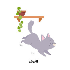 Fototapeta na wymiar Little Grey Cat Jump Down from Shelf as English Language Preposition for Educational Activity Vector Illustration