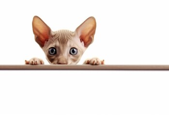 Adorable Peterbald Kitten Peeking Out from Behind White Table with Copy Space, Isolated on White Background. Generative AI.