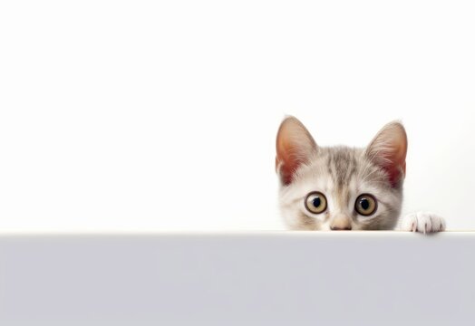 Adorable Oriental Kitten Peeking Out from Behind White Table with Copy Space, Isolated on White Background. Generative AI.