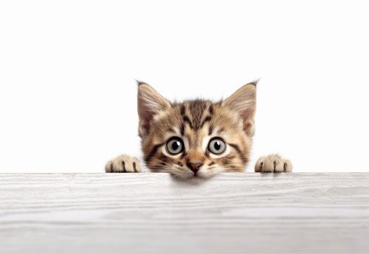 Adorable Pixie-bob Kitten Peeking Out from Behind White Table with Copy Space, Isolated on White Background. Generative AI.