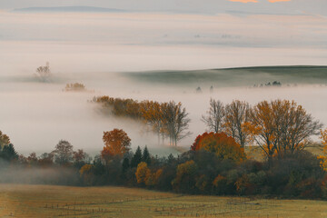 Sunny sunrise in autumn mountains. Mountains in a fog illuminated by rising sun. Autumn landscape with vivid sunlight. 