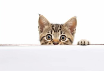 Adorable Singapura Kitten Peeking Out from Behind White Table with Copy Space, Isolated on White Background. Generative AI.