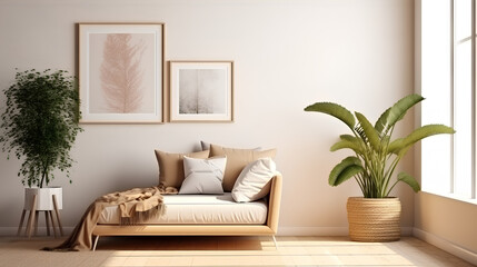A modern interior of an open space with a designer modular sofa, furniture, plaid, pillows, tropical plants and elegant personal accessories in a stylish home decor. Generative AI.