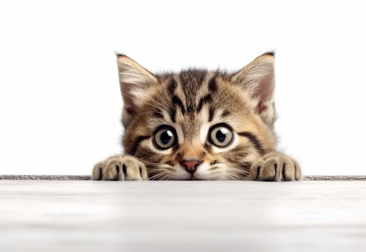 Adorable Sokoke Kitten Peeking Out from Behind White Table with Copy Space, Isolated on White Background. Generative AI.