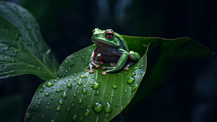 Tree frog taking shelter from the rain under a large leaf