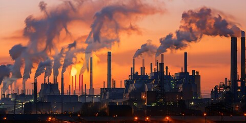 Air pollution from factories chimney at sunset, covering the city with smoke. Generative AI