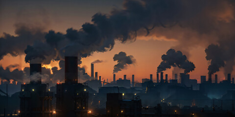 Fototapeta na wymiar Air pollution from factories chimney at sunset, covering the city with smoke. Generative AI