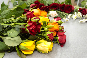 Floristry. Layout of cut flowers. Tools and accessories for making a bouquet.
