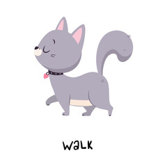 Funny Grey Cat Walking as English Verb for Educational Activity Vector Illustration