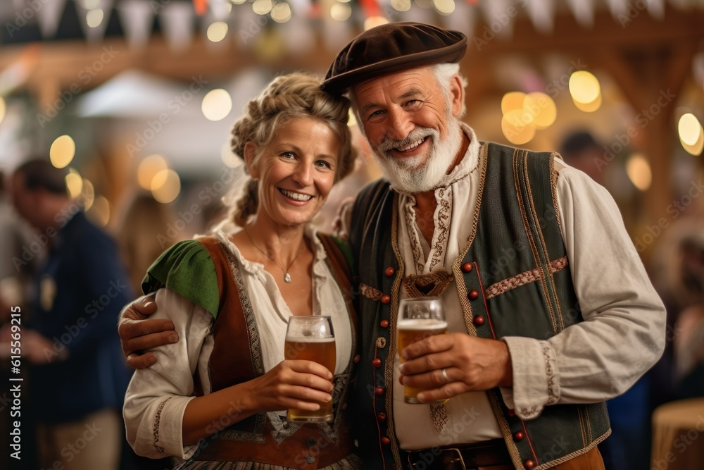 Wall mural Stunning Senior Oktoberfest Couple: Enjoying the Festival and a Beer in Traditional Dirndl Attire, Generative AI