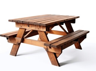 Wooden picnic table and benches isolated on white background created with Generative AI technology