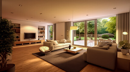 Fototapeta premium 3D render Nature's Haven- A Serene Fusion of Living Room and Garden relax view for Tranquility and Harmonious Connection interior design.jpg