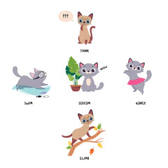 Funny Cat with English Verb for Educational Activity Vector Illustration Set