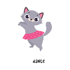 Funny Grey Cat Dancing as English Verb for Educational Activity Vector Illustration