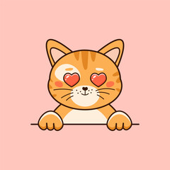 Sweet red cat in love with heart eyes in cartoon style. Vector illustration