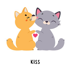 Funny Cat Kiss as English Verb for Educational Activity Vector Illustration