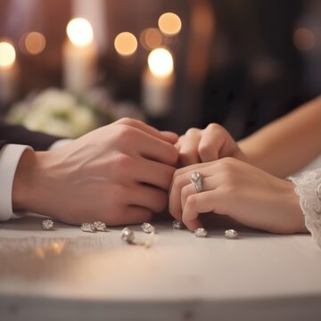 Las manos de una pareja de novios en su d&iacute;a de bodas. Generado por IA.