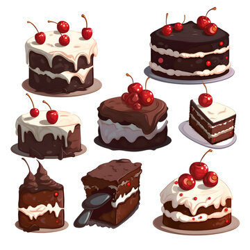 Set of chocolate cakes with cherries. vector illustration isolated on white background.