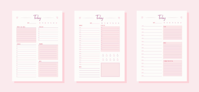 Three vector cute pink purple daily planners in one style. Minimalist simple design of organizer schedule pages with to do list for today for effective planning