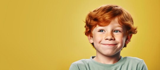 Small ginger red hair boy with freckles, smiling. He looks cute and innocent, but is probably naughty rascal. Banner with empty copyspace left side. Generative AI - obrazy, fototapety, plakaty