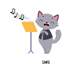 Funny Grey Cat Sing on Stage as English Verb for Educational Activity Vector Illustration