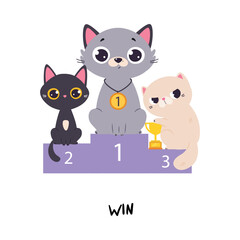 Funny Grey Cat Win as English Verb for Educational Activity Vector Illustration