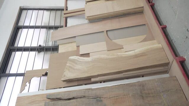 wood planks on shelves, arranged vertically and horizontally, single wood, mdf sheets, old wood