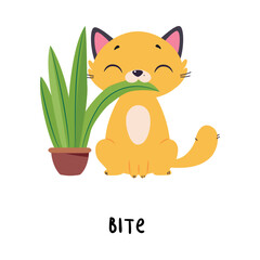 Funny Ginger Cat Bite Plant as English Verb for Educational Activity Vector Illustration