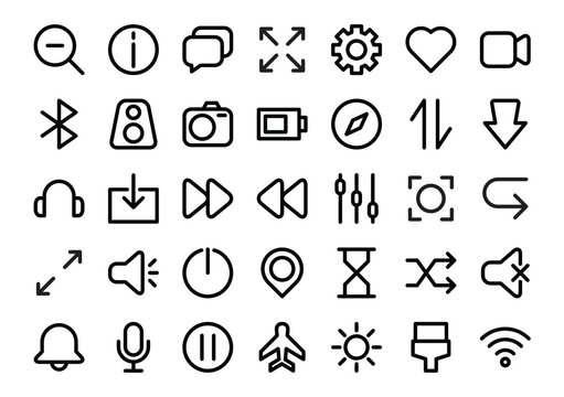 User interface (outline) icons set. The collection includes in business development, programming, web design, app design, and more.