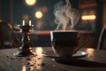 Hot coffee in a mug, steam. AI generative.
