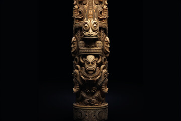 Totem carved with intricate patterns and symbols from mythological tales, enveloped in a dark magic engaging atmosphere Generative AI