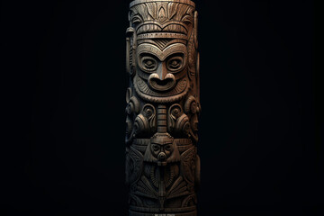 Totem carved with intricate patterns and symbols from mythological tales, enveloped in a dark magic engaging atmosphere Generative AI