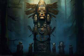 Fototapeta premium Totem bearing the symbols of forgotten legends, evoking a dark magic engaging atmosphere Generative AI