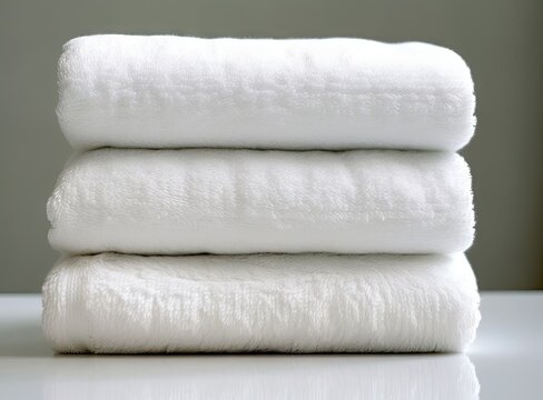 Stacked clean fluffy towels in a bathroom Stock Photo by FabrikaPhoto