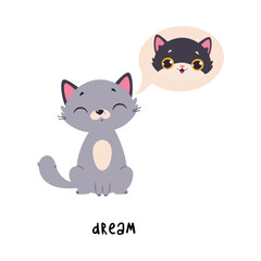 Funny Grey Cat Dream as English Verb for Educational Activity Vector Illustration