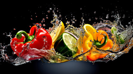 Fototapeta na wymiar Stop Motion Nature's Palette: A Breathtaking Symphony of Color and Freshness as Vibrant Vegetables Dance in Playful Harmony, Creating Ripples of Joy in Refreshing Splashes of Water